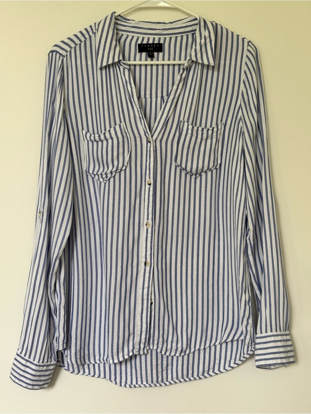 Tinsel Blue and White Striped Button-Down Shirt with roll tab sleeves